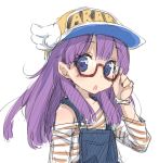  1girl blue_eyes blush dr._slump glasses hat long_hair looking_at_viewer norimaki_arale overalls peko purple_hair red-framed_glasses rough simple_background solo white_background 