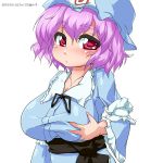  1girl breast_grab breasts hat japanese_clothes large_breasts pink_hair red_eyes saigyouji_yuyuko self_fondle short_hair simple_background solo touhou triangular_headpiece waribashi-p white_background 