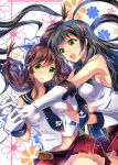  3girls agano_(kantai_collection) akishima_kei black_hair braid breasts brown_hair gloves green_eyes kantai_collection long_hair multiple_girls noshiro_(kantai_collection) open_mouth out_of_frame personification school_uniform twin_braids white_gloves 