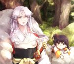  1boy 1girl age_difference armor bangs black_hair child crescent_moon dai_(mebae16) demon_boy facial_mark forehead_mark forest fur inuyasha long_hair moon nature parted_bangs pointy_ears rin_(inuyasha) sesshoumaru side_ponytail silver_hair slit_pupils smile sunlight sword tree weapon yellow_eyes 