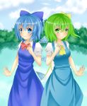  2girls ascot blue_eyes blue_hair blush bow bowtie breasts cirno collared_shirt daiyousei dress fairy_wings green_eyes green_hair grin hair_bow ice ice_wings kyouran lake large_bow looking_at_viewer multiple_girls short_hair side_ponytail smile tareme touhou tree wings 