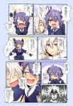  1boy 1girl admiral_(kantai_collection) blush brown_eyes comic eyepatch fingerless_gloves gloves grey_hair groping highres kantai_collection miyamaru naval_uniform necktie personification purple_hair red_eyes tenryuu_(kantai_collection) translated 