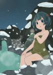  1girl :o absurdres backpack bag bare_legs bare_shoulders blue_eyes blue_hair blush breath collarbone dress feet_in_water hair_bobbles hair_ornament hand_on_own_chest hand_on_own_knee hat hat_removed headwear_removed highres kawashiro_nitori looking_at_viewer naked_towel night omotin onsen open_mouth outdoors partially_submerged shirt short_hair short_twintails sitting snow soaking_feet solo star_(sky) steam touhou towel twintails water 