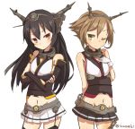  2girls bare_shoulders black_hair brown_eyes brown_hair chain crossed_arms fingerless_gloves garter_straps gloves hairband headgear kantai_collection kariosuto21 long_hair midriff miniskirt multiple_girls mutsu_(kantai_collection) nagato_(kantai_collection) navel personification pleated_skirt red_eyes simple_background skirt smile white_background wink 