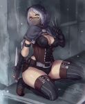  1girl :&lt; arm_guards boots breasts choker cleavage corset fingerless_gloves gloves heterochromia highres hood houtengeki knife large_breasts lockpick mask original red_eyes short_hair silver_hair solo striped striped_legwear thick_thighs thigh_boots thighhighs thighs vertical-striped_legwear vertical_stripes yellow_eyes 