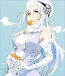  1girl aila_jyrkiainen bare_shoulders beret eating elbow_gloves food food_on_face gloves grey_eyes gundam gundam_build_fighters hat kamimon long_hair silver_hair solo 