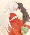  1boy 1girl blush couple happy hetero higurashi_kagome holding inuyasha inuyasha_(character) long_hair moooko shy simple_background white_hair wide_sleeves 