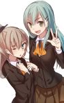  &gt;:d 2girls :d aqua_eyes ascot blazer brown_hair d11 d; dress_shirt green_eyes green_hair hair_ornament hairclip hand_on_another&#039;s_chest kantai_collection kumano_(kantai_collection) long_hair looking_at_viewer multiple_girls open_mouth personification ponytail shirt skirt smile suzuya_(kantai_collection) v wink 