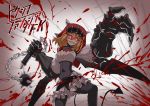 1girl blonde_hair blood bobomaster breasts cleavage demon_tail gauntlets pantyhose pixiv_fantasia pixiv_fantasia_fallen_kings red_eyes solo tail weapon wings 