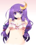  1girl bare_shoulders blush bow bra breasts cleavage crescent crescent_hair_ornament hair_bow hair_ornament highres large_breasts long_hair looking_at_viewer navel open_mouth patchouli_knowledge purple_hair shirogane_(platinum) simple_background solo touhou underwear violet_eyes 