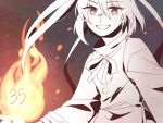  1girl fire long_sleeves looking_at_viewer min_(brbird98) mononobe_no_futo number open_mouth ribbon smile solo touhou uncolored wide_sleeves 
