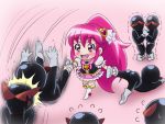  1girl aino_megumi boots broken chibi choiark cure_lovely happinesscharge_precure! hitting human_weapon leg_grab long_hair magical_girl mameshiba pink_eyes pink_hair ponytail precure scared skirt smile thigh_boots thighhighs 