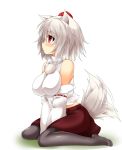  1girl animal_ears bare_shoulders blush breasts detached_sleeves hat highres inubashiri_momiji large_breasts midriff pantyhose profile red_eyes short_hair silver_hair sitting skirt solo tail tail_wagging tokin_hat touhou us2s v_arms wariza white_background wolf_ears wolf_tail 