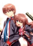  1boy 1girl a-chan_senpai blue_eyes brown_hair error graduation little_busters!! long_hair natsume_kyousuke necktie open_mouth plaid plaid_skirt red_eyes ribbon school_uniform short_hair skirt smile tube zen 