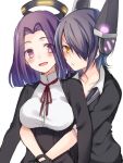  2girls black_hair bust d11 dress_shirt hair_ornament hair_over_one_eye hug hug_from_behind kantai_collection mechanical_halo multiple_girls open_mouth personification purple_hair shirt short_hair tatsuta_(kantai_collection) tenryuu_(kantai_collection) violet_eyes yellow_eyes 