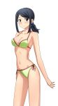  1girl bikini black_eyes black_hair blush breasts cleavage green_bikini gundam gundam_build_fighters highres kenken misaki_(gundam_bf) navel side-tie_bikini simple_background smile solo swimsuit white_background 