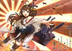  1girl ahoge bare_shoulders brown_hair detached_sleeves double_bun dutch_angle hairband japanese_clothes kantai_collection kongou_(kantai_collection) long_hair open_mouth personification rising_sun satori0121 solo thigh-highs translation_request water 