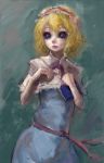  1girl alice_margatroid blonde_hair book capelet dress expressionless faux_traditional_media hair_ribbon hiepita_(1014) highres holding holding_book ribbon short_hair solo touhou wavy_hair 
