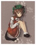  1girl :3 animal_ears blouse brown_background brown_eyes brown_hair cat_ears cat_tail chen frilled_skirt frills mob_cap multiple_tails paw_print short_hair sitting skirt tail touhou two_tails vest 