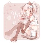  1girl animal_ears black_gloves black_legwear blush cat_paws elbow_gloves fish_hair_ornament floral_background frills frown gloves hair_ornament kaname_madoka lace-trimmed_ribbon leg_hug looking_at_viewer mahou_shoujo_madoka_magica midriff minmii_(minmi078) neck_ribbon paw_print paws pink_background pink_eyes pink_hair pink_ribbon ribbon short_hair sitting solo tail thighhighs twintails whiskers 
