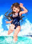  1girl barefoot braid brown_eyes brown_hair idolmaster idolmaster_cinderella_girls kicking long_hair school_swimsuit shimamura_uzuki splashing swimsuit yanagie 