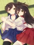  2girls :o akagi_(kantai_collection) black_legwear breasts brown_eyes brown_hair cleavage highres interlocked_fingers japanese_clothes kaga_(kantai_collection) kantai_collection komachi_naruta long_hair looking_at_viewer multiple_girls parted_lips personification short_hair side_ponytail thighhighs white_background 