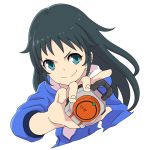  1girl aqua_eyes black_hair cosplay female food fruit hooded_jacket idolmaster idolmaster_cinderella_girls kamen_rider kamen_rider_gaim_(series) kazuraba_kouta kazuraba_kouta_(cosplay) lock_seed long_hair nanjou_hikaru nash_(na-si) orange smirk solo 