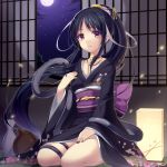  1girl black_hair japanese_clothes kimono long_hair nail_polish night original reimin seiza sitting snake solo violet_eyes 