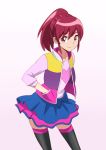  1girl aino_megumi black_legwear eyelashes gradient gradient_background happinesscharge_precure! happy heart lettuce_boy looking_at_viewer pink_background pink_eyes pink_hair pink_skirt ponytail precure shirt short_hair skirt smile solo standing thighhighs thighs vest white_background 