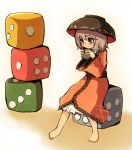  1girl barefoot bowl cup dice hat japanese_clothes kimono long_sleeves minigirl obi purple_hair red_eyes sash sitting_on_object smile solo sukuna_shinmyoumaru teacup topadori touhou wide_sleeves 