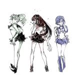  3girls bishoujo_senshi_sailor_moon boots bow hair_bobbles hair_ornament hino_rei inner_senshi kino_makoto knee_boots kubota_heaven long_hair magical_girl mizuno_ami multiple_girls multiple_monochrome ofuda ponytail ribbon sailor_jupiter sailor_mars sailor_mercury sailor_senshi shoes short_hair skirt standing white_background 