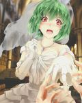  1girl asu_tora bare_shoulders blush breasts church cleavage commentary_request dress earrings elbow_gloves gloves green_hair jewelry kazami_yuuka looking_at_viewer necklace open_mouth pov_hands red_eyes ring touhou veil wedding_dress white_dress white_gloves 