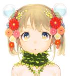  1girl bangs bare_shoulders blonde_hair blue_eyes bowl bubble bust child daisy earrings flower hair_flower hair_ornament jewelry leaf looking_up mimizubare multicolored_eyes neck_ring original shirtless short_twintails twintails water white_background 