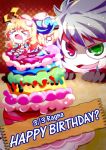  1boy 1girl blazblue blonde_hair cake food happy_birthday noel_vermillion ragna_the_bloodedge silver_hair 