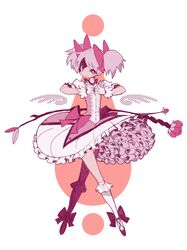  1girl bow crossed_legs flower frills gloves hair_bow heart heart_hands kaname_madoka looking_at_viewer magical_girl mahou_shoujo_madoka_magica pink pink_eyes pink_hair revision short_twintails sigumado66 skirt smile solo soul_gem tagme twintails wings 