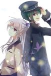  1boy 1girl angel_beats! back-to-back green_hair hat long_hair naoi_ayato red_eyes school_uniform short_hair silver_hair tachibana_kanade yukiyukidaihuku 