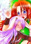  2girls animal_ears blue_eyes blush braid hat hong_meiling hug long_hair multiple_girls naonakamura purple_hair rabbit_ears redhead reisen_udongein_inaba touhou twin_braids yuri 