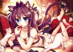  1girl akabane_(zebrasmise) animal_ears anklet barefoot blue_eyes blush brown_hair cat cat_ears cat_tail couch dress feet food fruit hair_ornament jewelry long_hair looking_at_viewer lying on_stomach open_mouth original revision soles solo strawberry tail toes wings wristband 