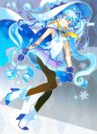  1girl argyle argyle_background blue_eyes blue_hair boots cape gloves hat hatsune_miku high_heels long_hair magical_girl pantyhose skirt smile snowflakes solo teki_(kakari) twintails very_long_hair vocaloid wand witch_hat yuki_miku 