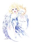 1girl bare_shoulders blue_dress braid colored_pencil_(medium) dated dress elsa_(frozen) eyeshadow frozen_(disney) full_body lipstick long_hair makeup parted_lips red_lipstick side_slit signature single_braid snowflakes solo standing strapless_dress temari114 traditional_media 