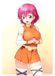  1girl bare_shoulders bracelet breasts detached_sleeves final_fantasy final_fantasy_v gradient gradient_background green_eyes jewelry large_breasts lenna_charlotte_tycoon looking_at_viewer navel onsoku_maru open_mouth pink_hair short_hair smile solo thighhighs white_legwear yellow_background 