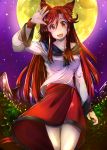  1girl animal_ears blush breasts brooch brown_hair fang fingernails full_moon happy imaizumi_kagerou jewelry long_hair long_sleeves looking_at_viewer memento_mori_(pixiv) moon open_mouth red_eyes skirt smile solo tail touhou werewolf wide_sleeves wolf_ears wolf_tail 