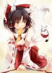  1girl aburaage animal animal_ears animalization bottomless bow brown_hair detached_sleeves efe food food_in_mouth fox fox_ears fox_tail hair_bow hakurei_reimu hopeless_masquerade japanese_clothes kemonomimi_mode miko mouth_hold orb ribbon-trimmed_sleeves ribbon_trim tail touhou yellow_eyes yin_yang 