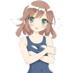  1girl brown_hair character_request green_eyes hair_ornament hairclip looking_at_viewer one-piece_swimsuit peko rough school_swimsuit short_hair simple_background smile solo swimsuit white_background 