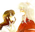  1boy 1girl animal_ears blush brown_hair bust hetero higurashi_kagome inuyasha inuyasha_(character) jewelry looking_at_another necklace oekaki pearl_necklace sakuramoti0511 silver_hair smile 