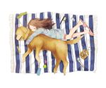  1girl :d animal ball bare_legs brown_hair brush closed_eyes dog dog_biscuit hug hug_from_behind labrador_retriever long_hair lying mimizubare mouth no_pants on_side open_mouth original rug sleeping slippers smile snack solo striped sweater toy 