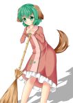  &gt;:) 1girl animal_ears blush broom dog_ears dog_tail dress floral_print green_eyes green_hair kasodani_kyouko kyouran leaning_on_broom looking_at_viewer short_hair solo tail touhou 