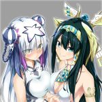  2girls @ichigo armlet asymmetrical_docking bare_shoulders black_hair blue_eyes breast_press chinese_clothes double_bun egyptian hairband haku_(p&amp;d) headdress highres holding_hands interlocked_fingers isis_(p&amp;d) jewelry long_hair multicolored_hair multiple_girls puzzle_&amp;_dragons silver_hair smile yellow_eyes 