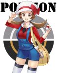  1girl ashita_(2010) bag blush brown_eyes brown_hair hat hat_ribbon hat_tip kotone_(pokemon) looking_at_viewer open_mouth overalls poke_ball pokemon pokemon_(game) pokemon_hgss ribbon smile thighhighs twintails 