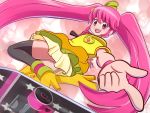  1girl aaabbbccccc aino_megumi cure_lovely happinesscharge_precure! heart heart_background lollipop_hip_hop long_hair magical_girl mismatched_footwear pink_background pink_eyes pink_hair pointing precure skateboard skirt smile solo thighhighs twintails yellow_skirt 